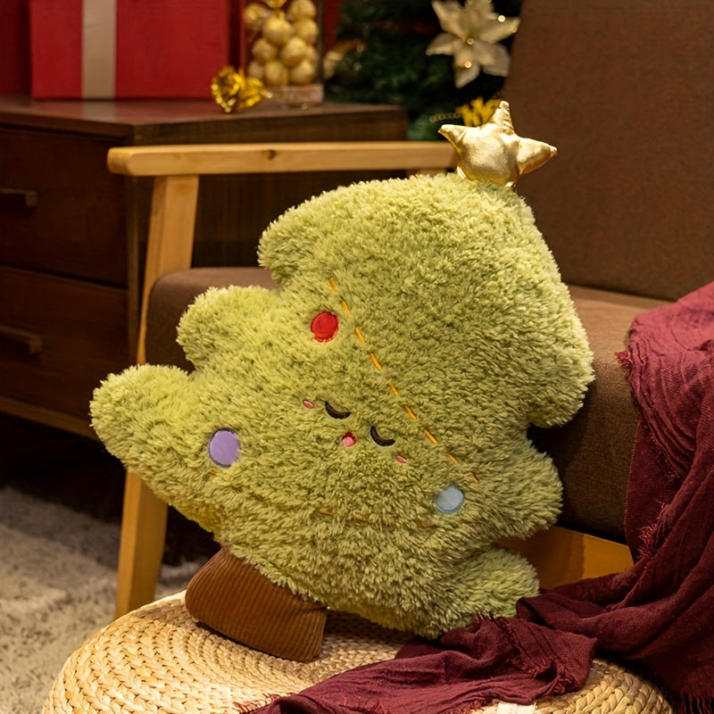 Weihnachtskissen Weihnachtsbaum aus grünem Plüsch im Holzsessel