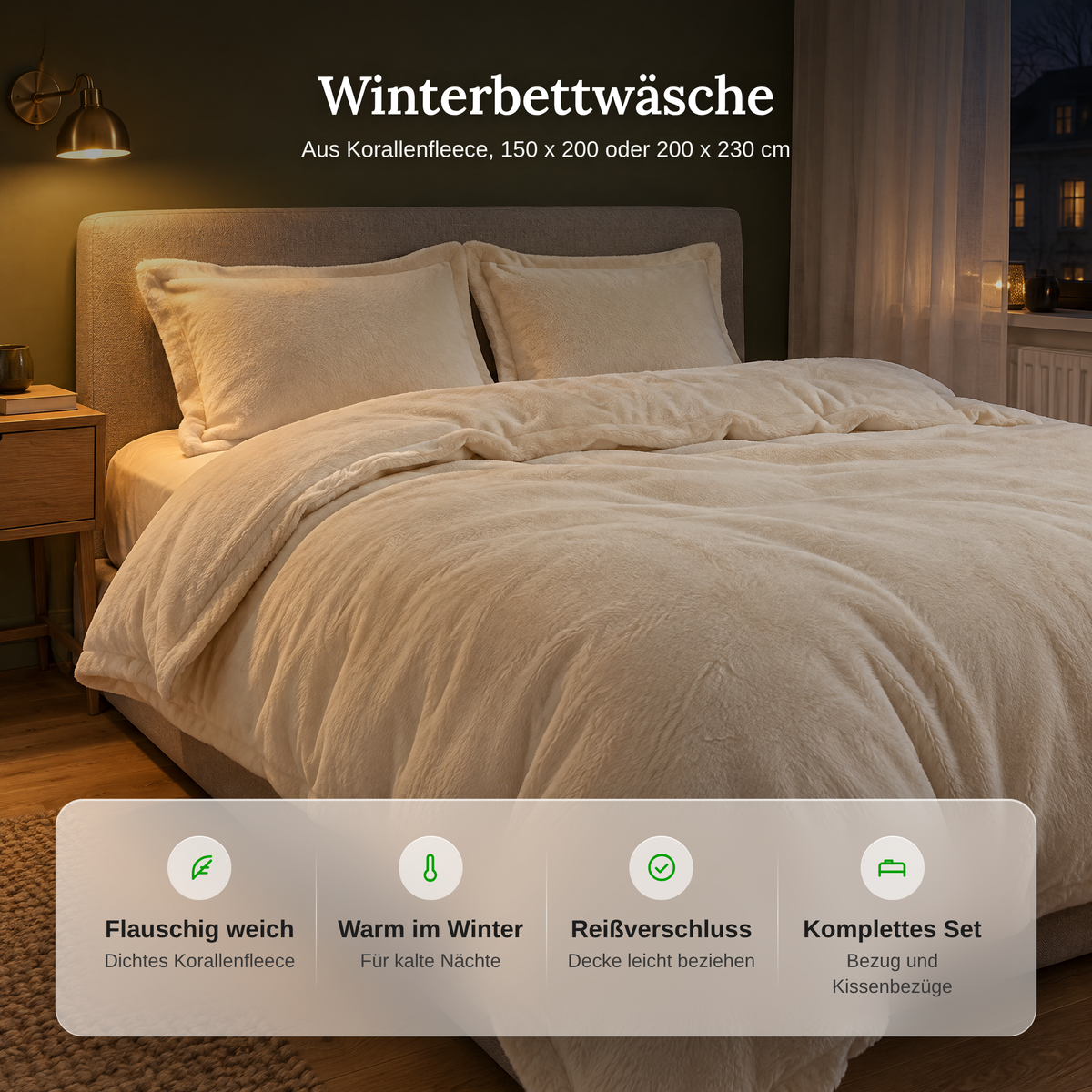 Vorteile der Winterbettwäsche aus Korallenfleece: flauschig weich, warm im Winter, Reißverschluss, Set mit Kissenbezügen