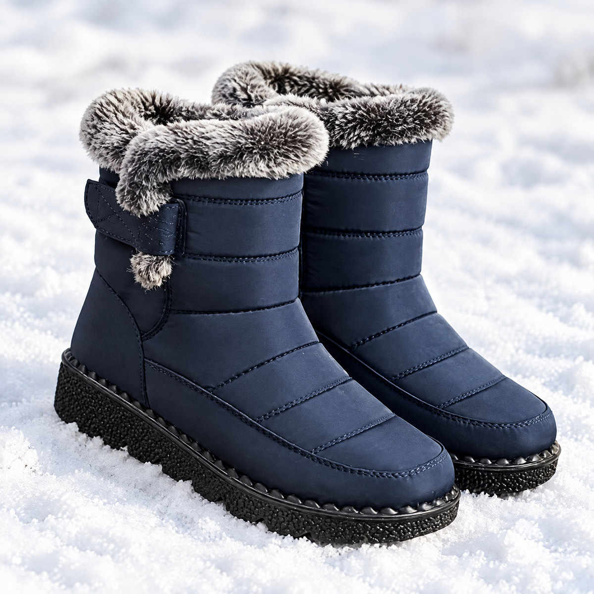 Winterschuhe Damen in Dunkelblau mit Plüschkragen im Schnee