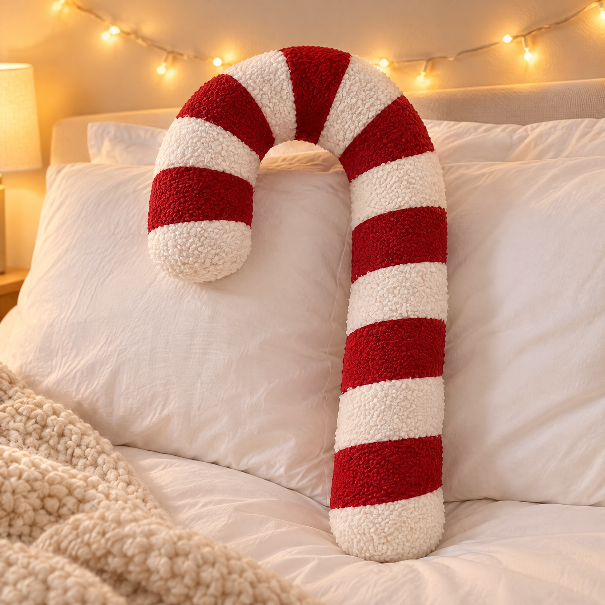 Zuckerstange Kissen aus Plüsch in Rot und Weiß auf einem Bett mit weißer Bettwäsche und Lichterkette
