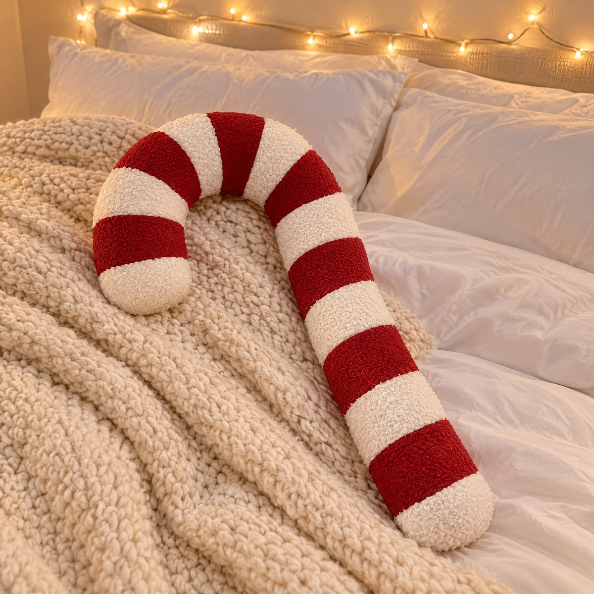 Rotes Zuckerstange Kissen auf einer Strickdecke im Schlafzimmer am Abend