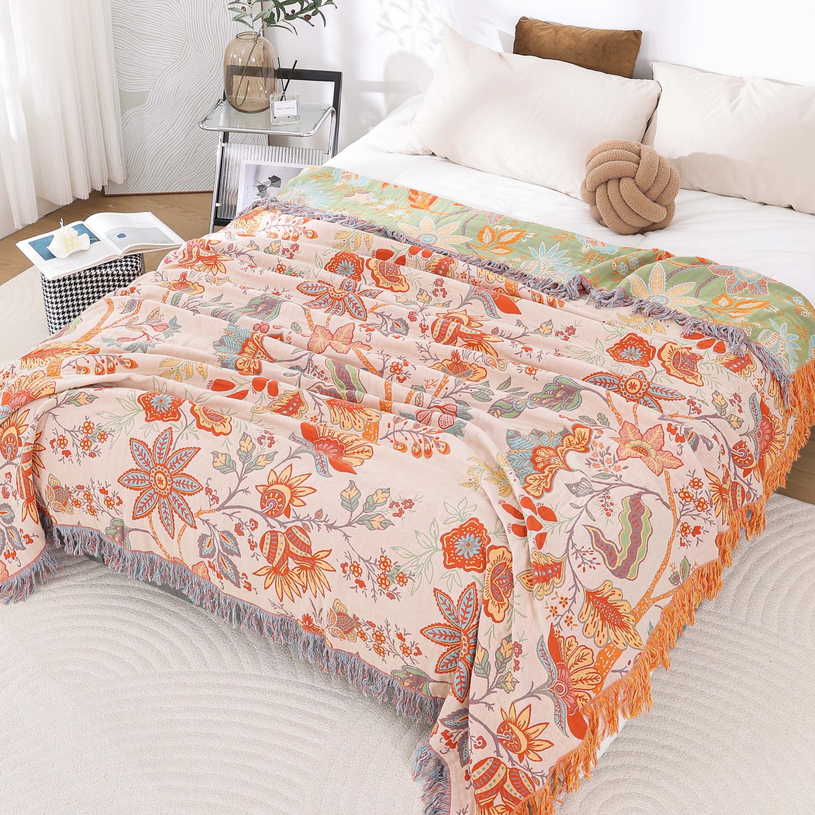 Boho Jacquard Baumwolldecke mit Fransen – Sofadecke, Tagesdecke & Bettüberwurf mit floralem Muster