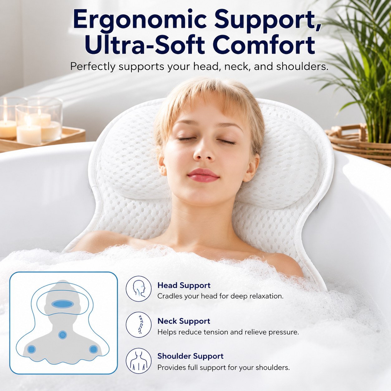 Badewannenkissen mit Nacken- und Rückenstütze – Ergonomisches Badekissen aus 4D-Air-Mesh mit 6 Saugnäpfen
