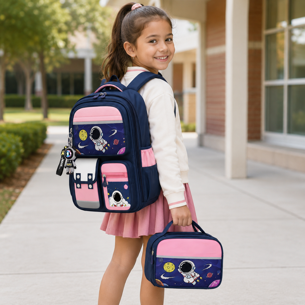 Schulrucksack 3-teilig mit Astronauten-Motiv – Großer Rucksack mit Lunchbag & Federmäppchen für Schule, Reisen & Alltag