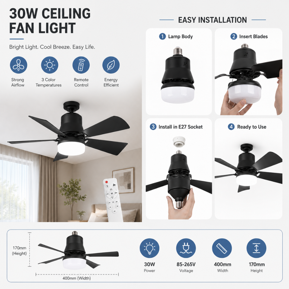 Deckenventilator mit Licht E27 LED Schraubfassung Fernbedienung 40W für Schlafzimmer Wohnzimmer