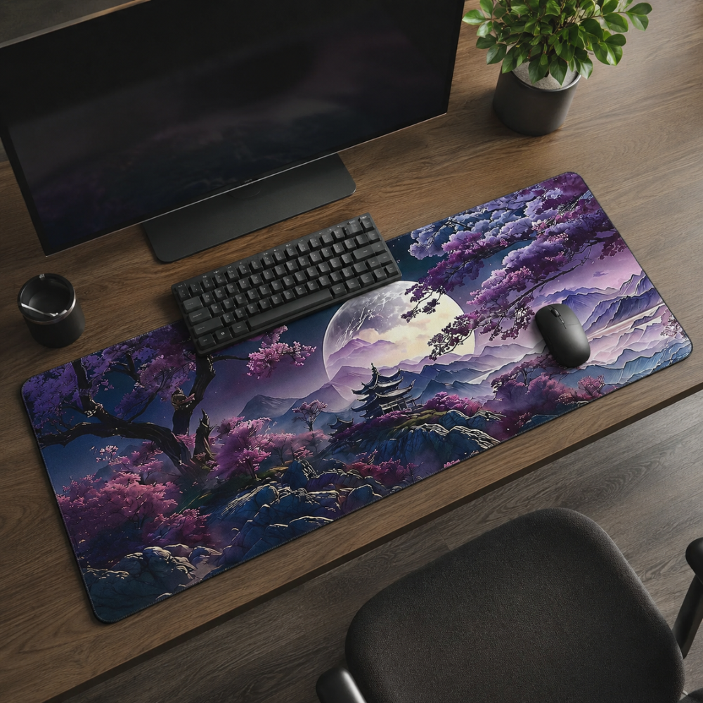 Schreibtischunterlage & XXL Gaming-Mauspad 100 × 50 cm – Sakura-Landschaft bei Nacht, rutschfeste Stoffmatte für Büro, Homeoffice, Schule & Gaming