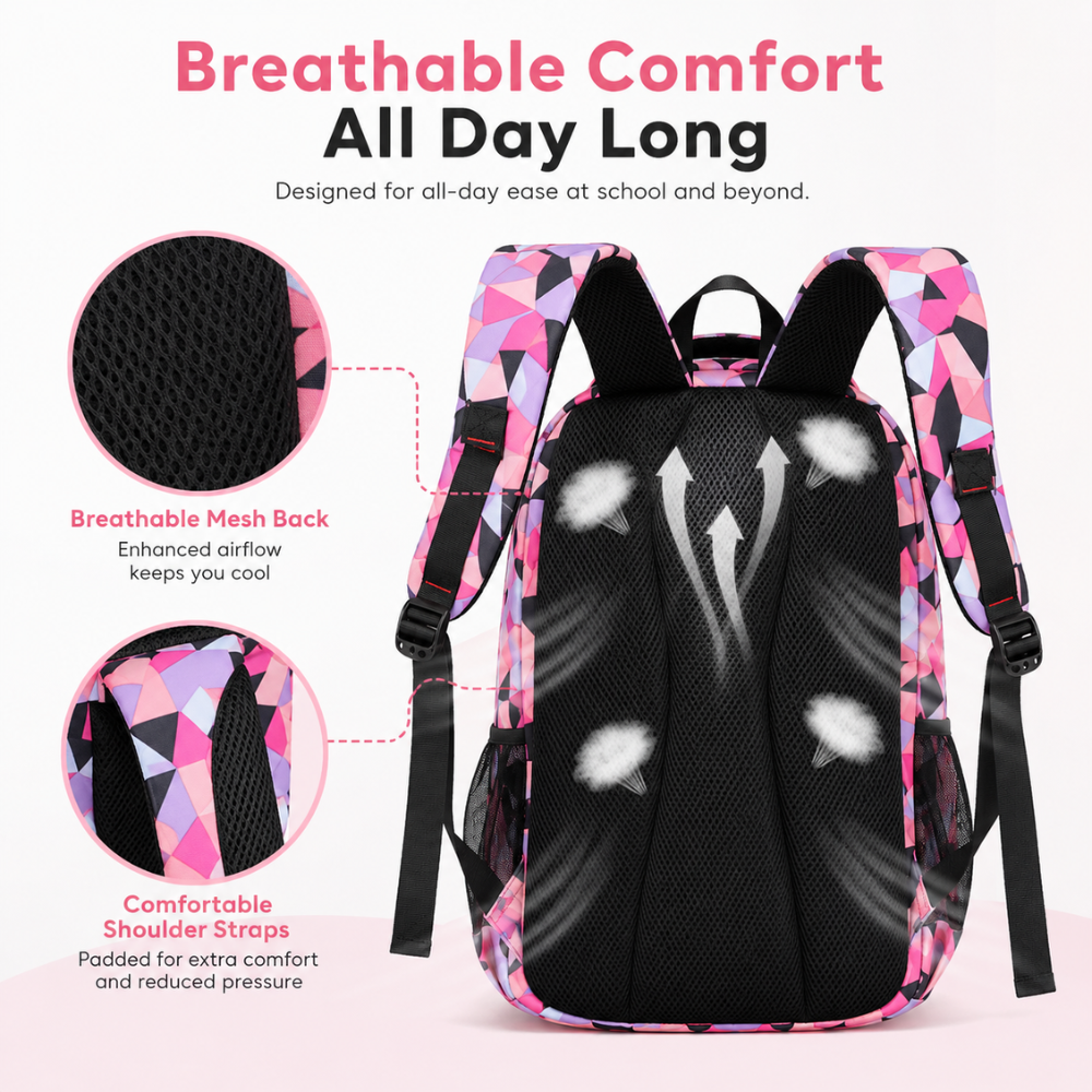 3-teiliges Schulrucksack-Set mit geometrischem Muster – Wasserabweisender Rucksack mit Laptopfach, Lunch-Tasche & Etui