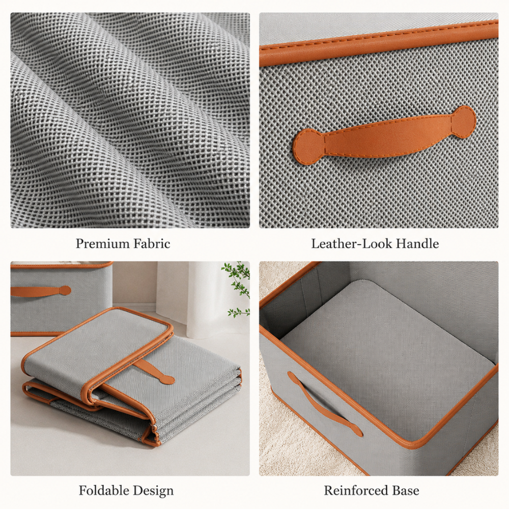 Faltbare Aufbewahrungsbox mit Deckel & Ledergriffen – Stoffbox aus Oxford, Stapelbar