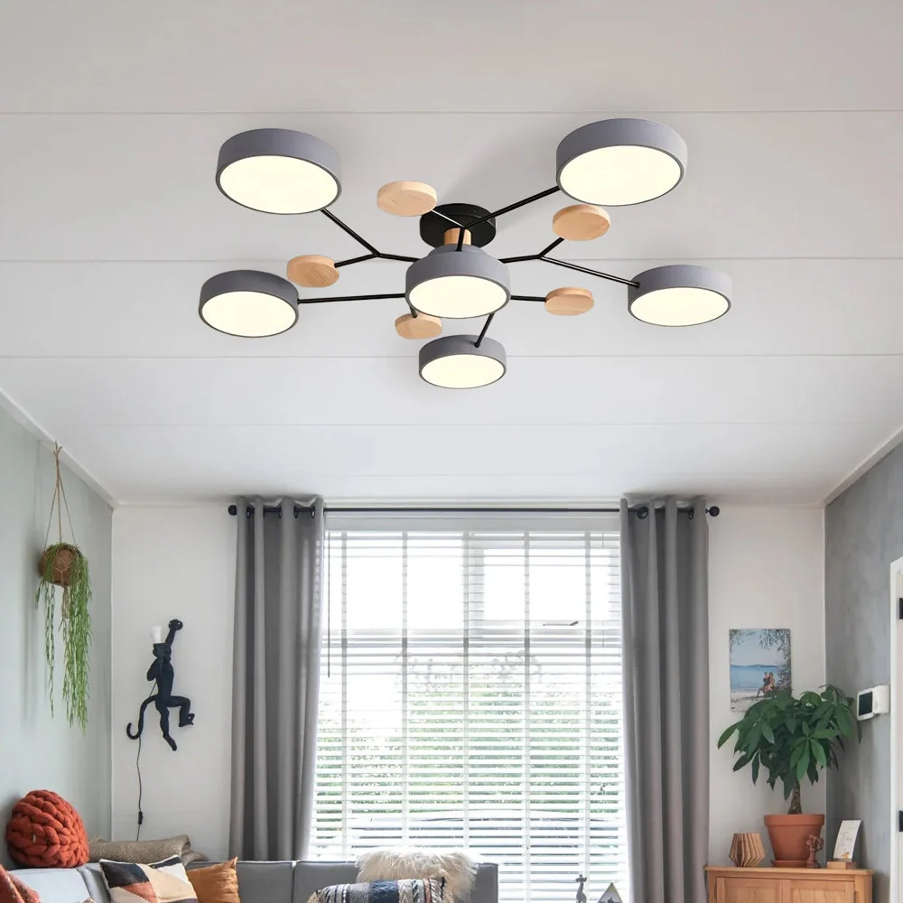 Moderne Mehrpunkt LED Deckenleuchte - Große Holz & Metall Leuchte für Esszimmer