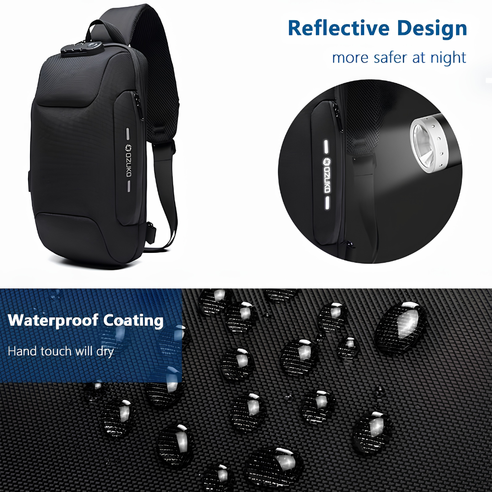 17 x 8 x 34 cm Anti-Diebstahl Sling Bag Herren & Damen - Wasserdichte Brusttasche mit USB-Anschluss