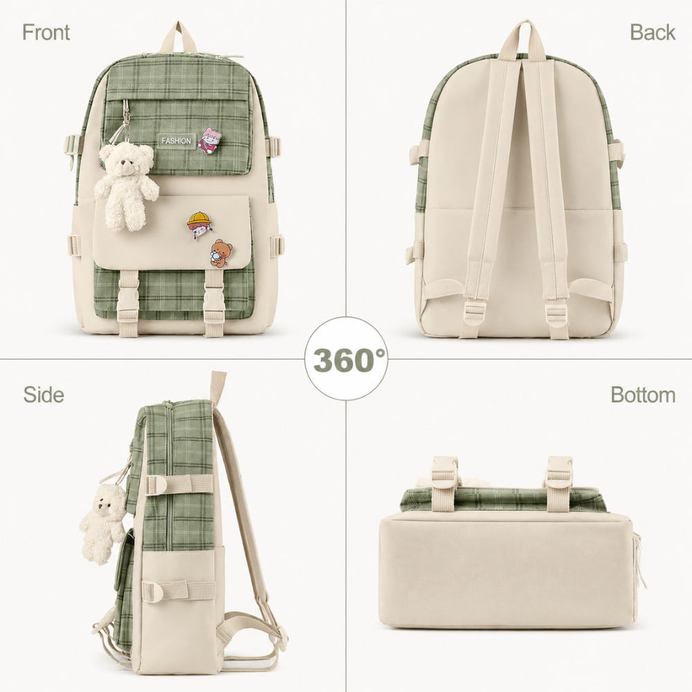Schulrucksack-Set 5-teilig mit Karomuster – Großer Rucksack mit Tragetasche, Mäppchen, Beutel & Anhängern für Schule & Freizeit