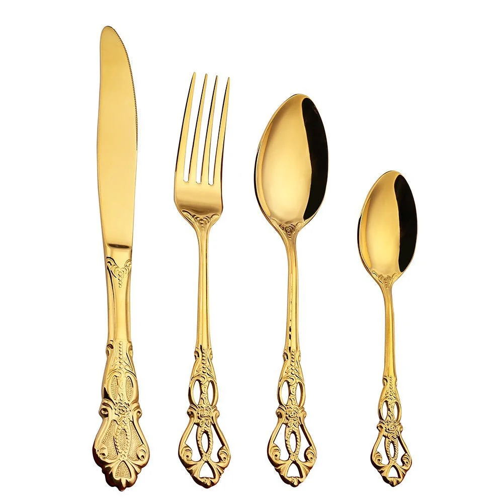 Elegantes Edelstahl Besteckset in Goldoptik - 24-teiliges Menübesteck mit prunkvollem Griff