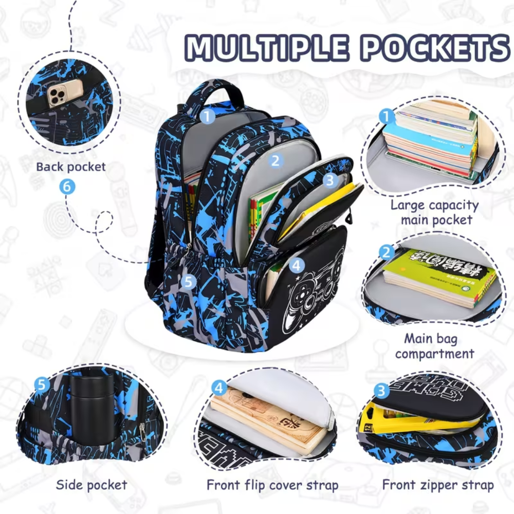 Schulrucksack-Set mit Gaming-Controller-Motiv 46 × 30 × 19 cm – 3-teiliges Polyester-Rucksackset mit Tasche & Federmäppchen