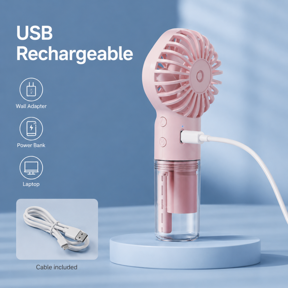 Kompakter Sprüh-Handventilator – USB-aufladbarer Mini-Ventilator mit Wassertank und 4 Geschwindigkeitsstufen für Reisen und Outdoor