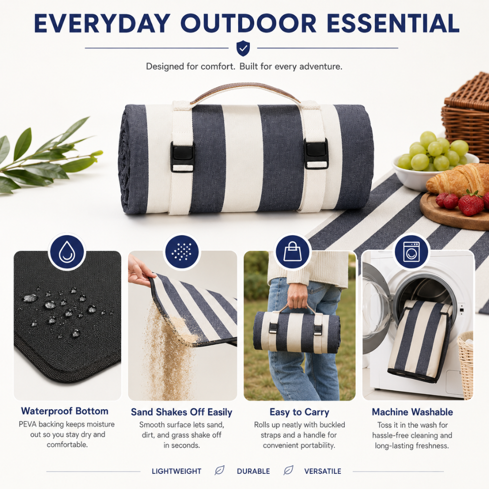Gestreifte Outdoor Picknickdecke 150 x 200 cm aus Polyester | Faltbare Stranddecke mit Tragegurt