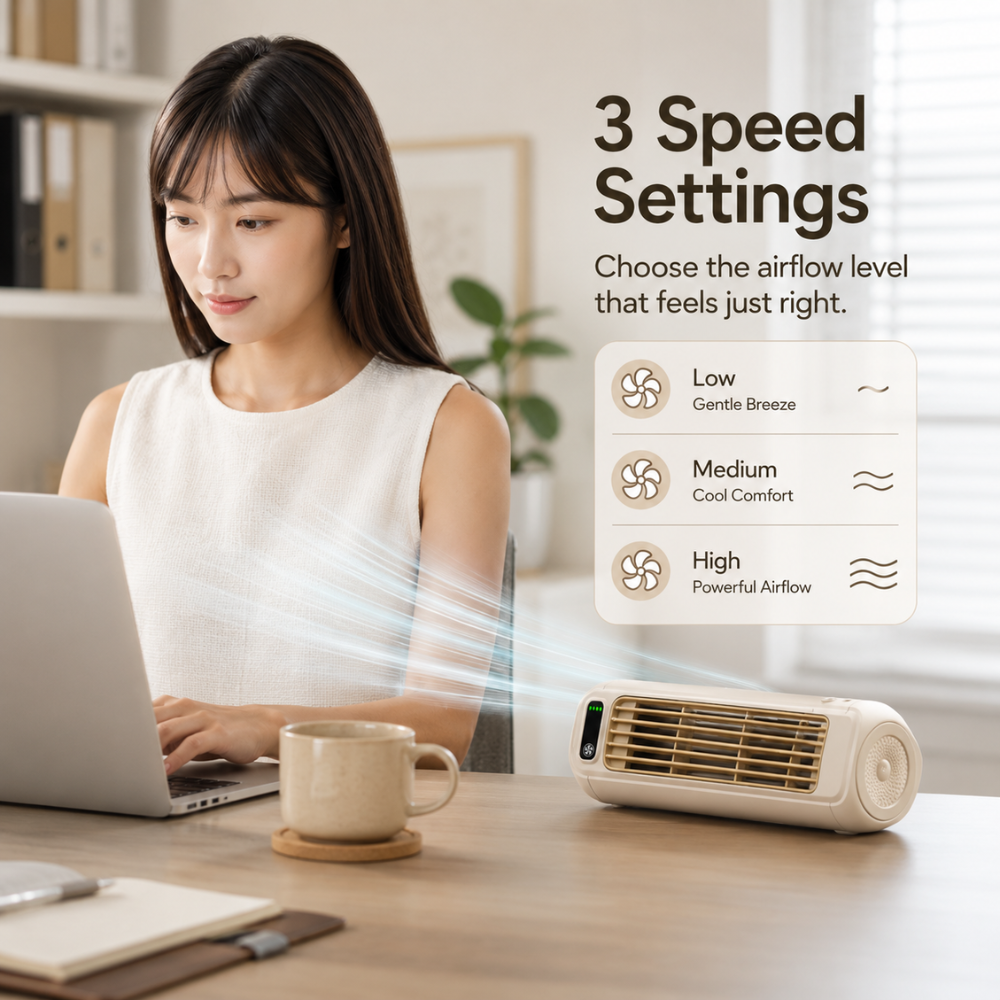 Leiser USB Tischventilator mit Akku Wandhalterung 3 Geschwindigkeiten LED Anzeige für Büro Schlafzimmer