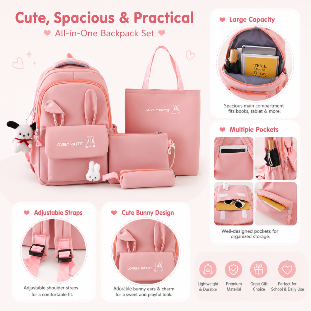 Schulrucksack-Set 4-teilig mit Hasenohren – Großer Nylon-Rucksack mit Tragetasche, Beutel & Mäppchen für Schule & Freizeit