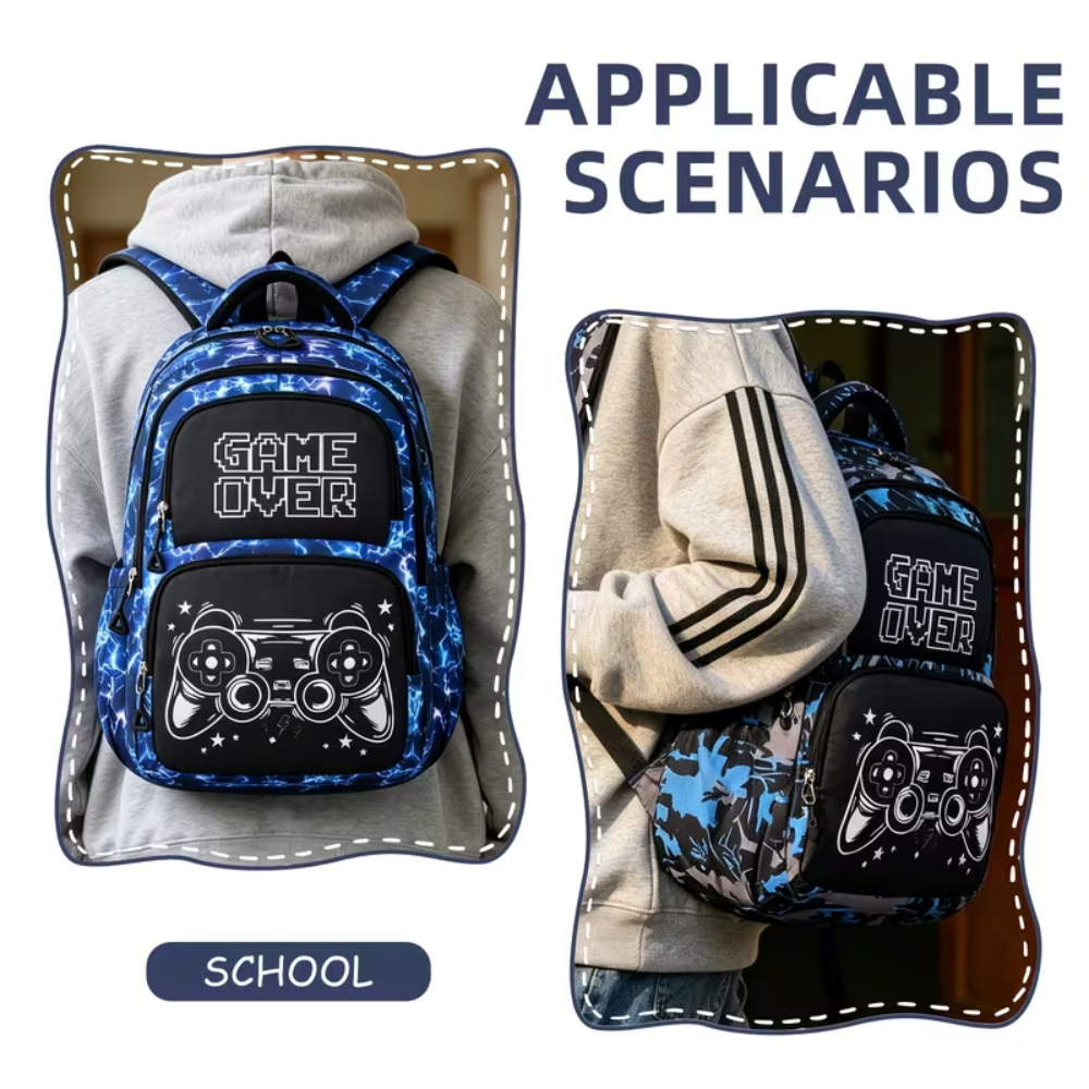 Schulrucksack-Set mit Gaming-Controller-Motiv 46 × 30 × 19 cm – 3-teiliges Polyester-Rucksackset mit Tasche & Federmäppchen
