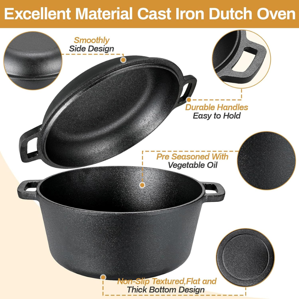 Gusseisen Dutch Oven 26/28 cm – 2-in-1 Schmortopf mit Pfannendeckel für Brot, Braten, Backen & Camping