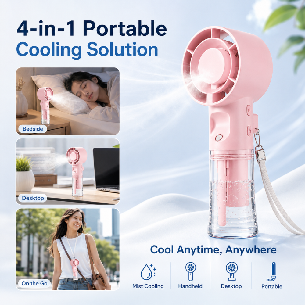 Tragbarer Mini-Sprühventilator – USB-aufladbarer Handventilator mit Wassertank und 4 Geschwindigkeitsstufen