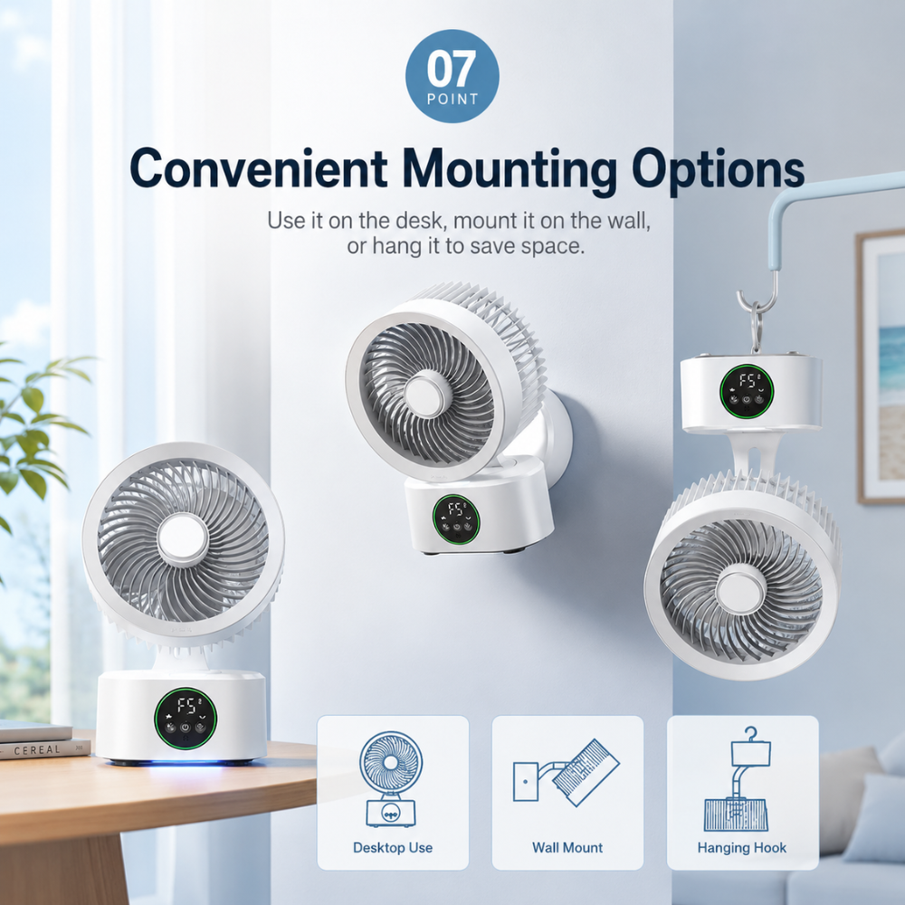 Tragbarer USB Wandventilator mit Akku Fernbedienung Sprachsteuerung 3 Geschwindigkeiten Nachtlicht ABS