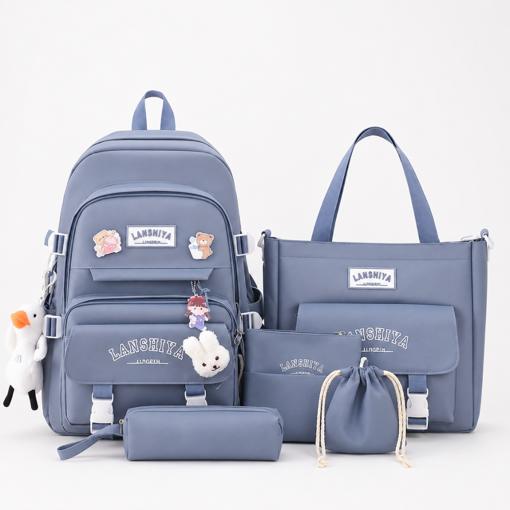 Teenager-Schulrucksack-Set 5-teilig 40 × 30 × 13 cm – Großer Studentenrucksack mit Tragetasche, Mäppchen & Beuteln für Schule, Freizeit & Alltag