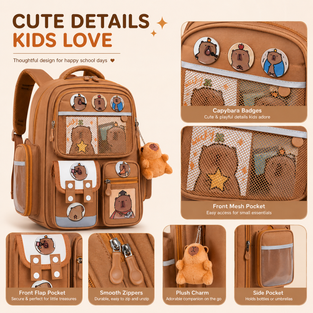 Kinder-Schulrucksack mit Capybara-Motiv – Wasserabweisender Rucksack mit großem Fassungsvermögen & gepolsterten Trägern für Schule & Freizeit