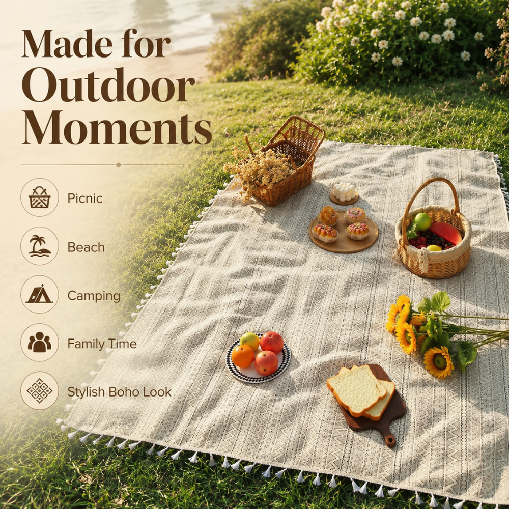 Boho Picknickdecke Beige mit Fransen – waschbare Decke bis XXL für Picknick, Strand, Garten & Esstisch