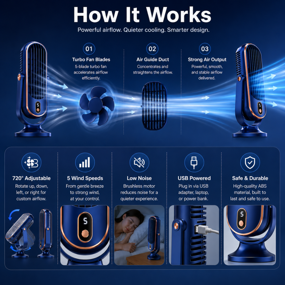Leiser USB Tischventilator mit Akku 5 Geschwindigkeiten LED Anzeige 720 Grad Verstellbar