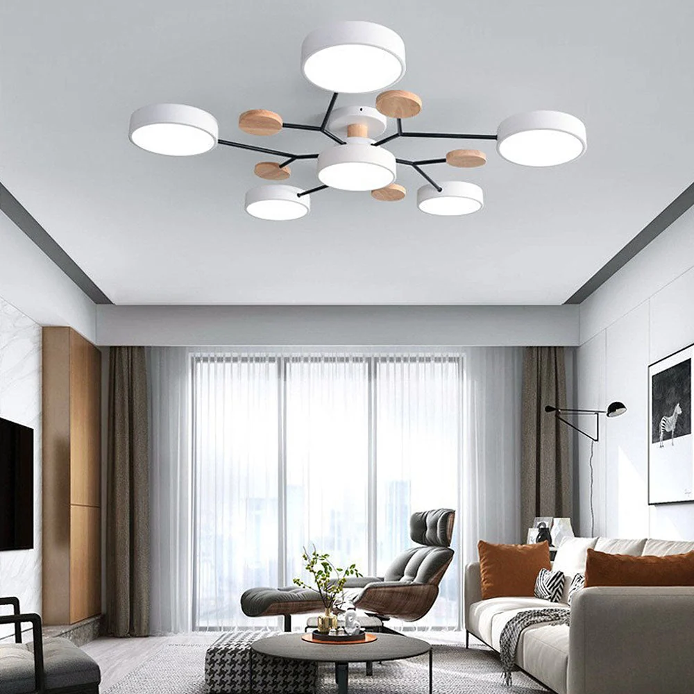 Moderne Mehrpunkt LED Deckenleuchte - Große Holz & Metall Leuchte für Esszimmer