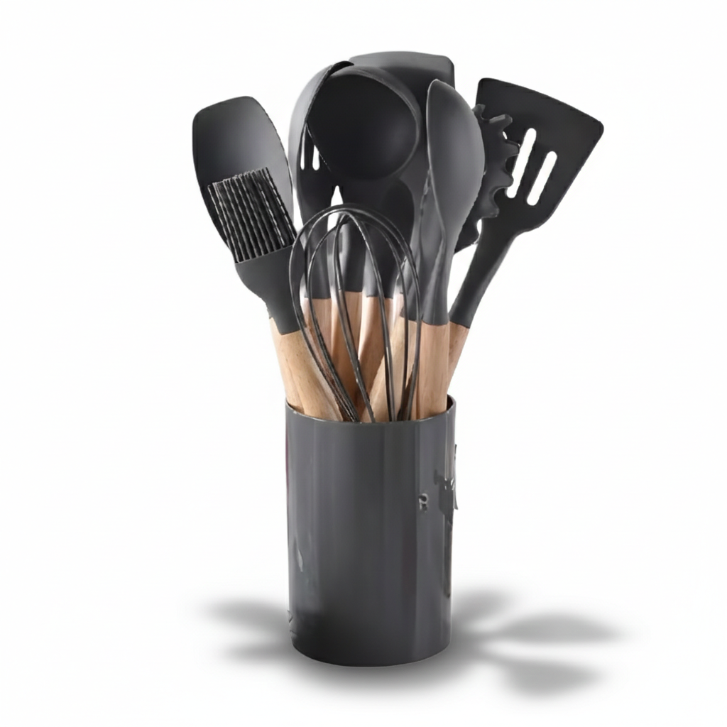 Küchenutensilien Set 12-teilig – Silikon & Holz, Antihaft, Hitzebeständig mit Aufbewahrungsbox