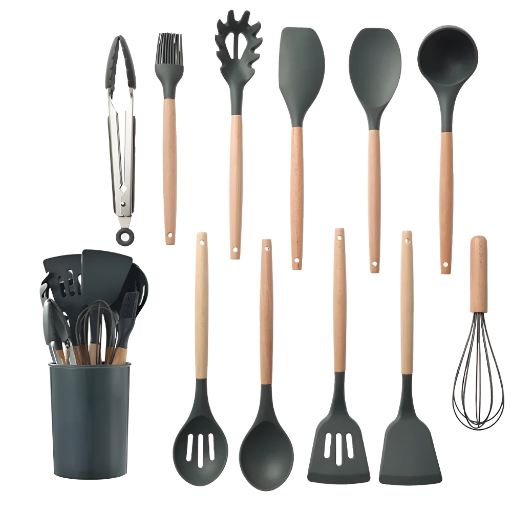 Küchenutensilien Set 12-teilig – Silikon & Holz, Antihaft, Hitzebeständig mit Aufbewahrungsbox