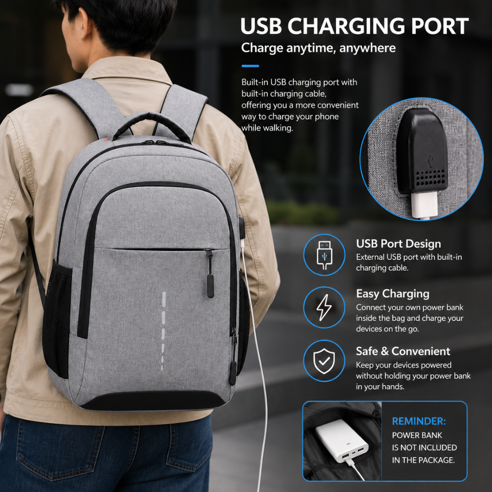 Wasserabweisender Laptop-Rucksack 44 × 30 × 13 cm – Schlanker Freizeitrucksack mit USB-Anschluss und Reflexstreifen