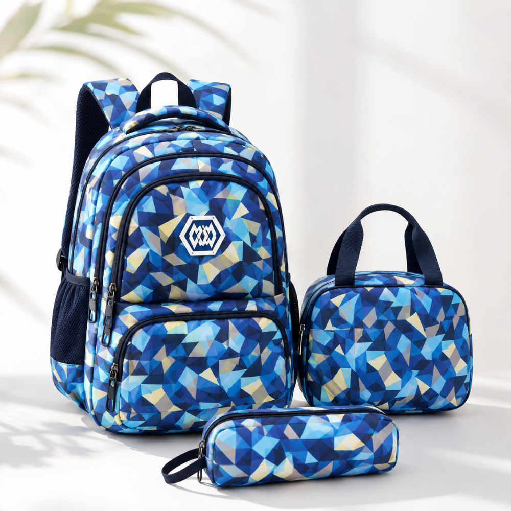 3-teiliges Schulrucksack-Set mit geometrischem Muster – Wasserabweisender Rucksack mit Laptopfach, Lunch-Tasche & Etui