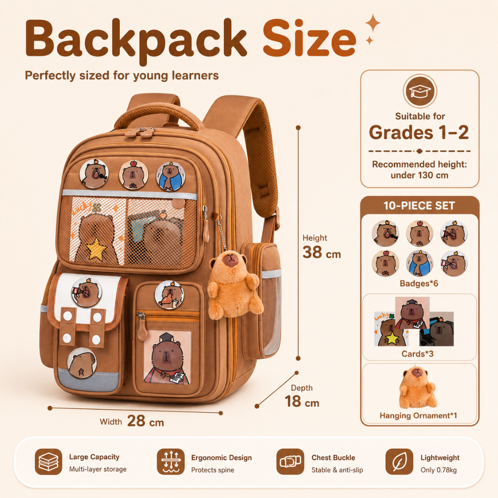 Kinder-Schulrucksack mit Capybara-Motiv – Wasserabweisender Rucksack mit großem Fassungsvermögen & gepolsterten Trägern für Schule & Freizeit