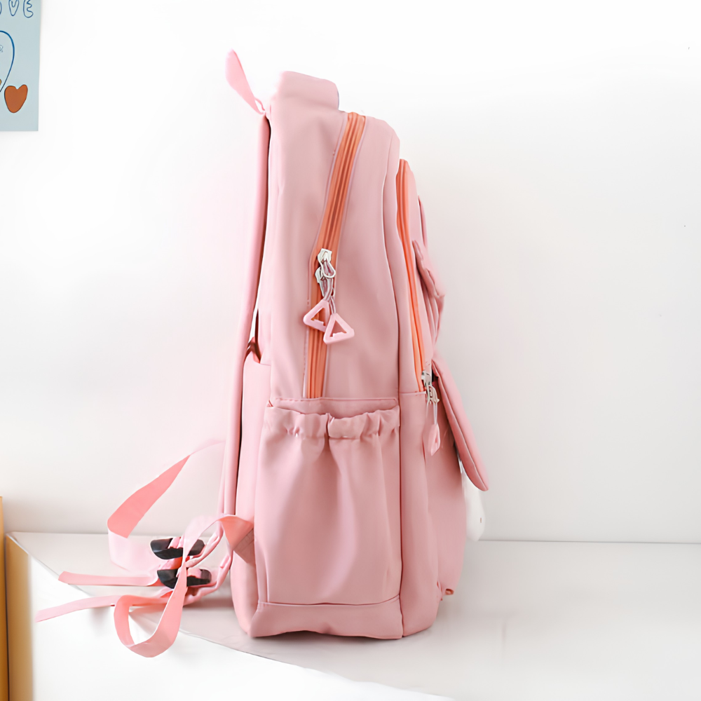 Schulrucksack-Set 4-teilig mit Hasenohren – Großer Nylon-Rucksack mit Tragetasche, Beutel & Mäppchen für Schule & Freizeit