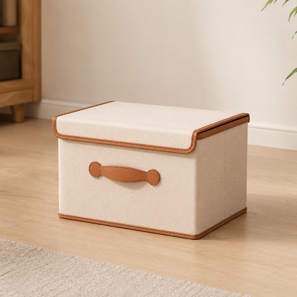 Faltbare Aufbewahrungsbox mit Deckel & Ledergriffen – Stoffbox aus Oxford, Stapelbar