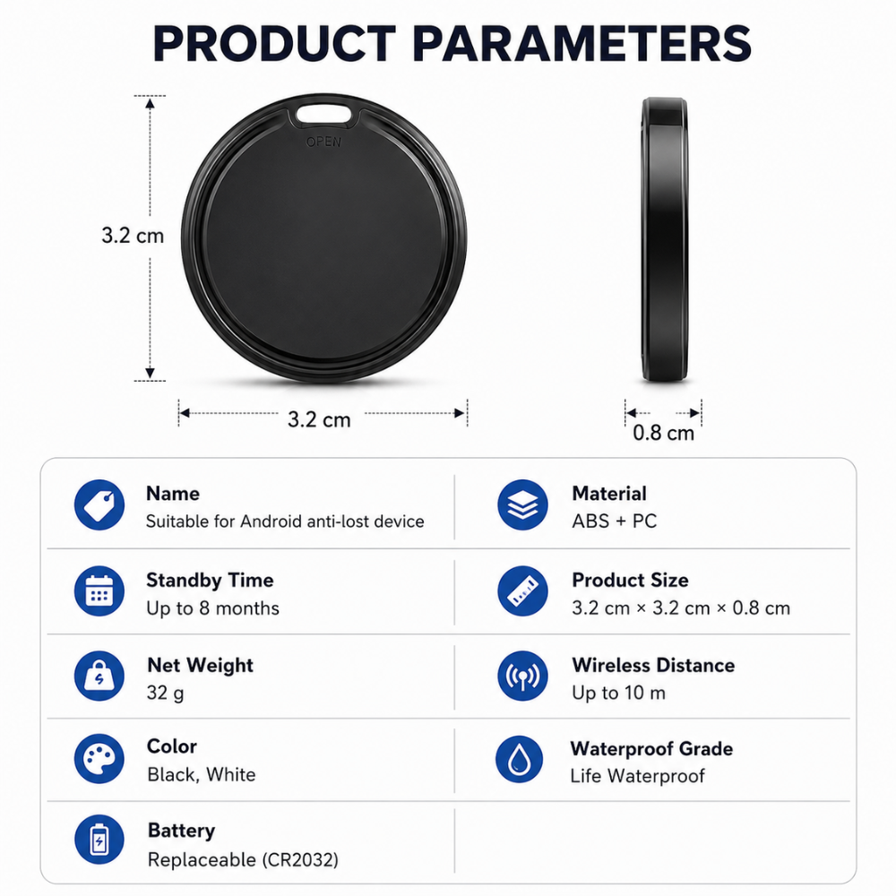 Bluetooth-Tracker für Android – Kompakter Smart Tag mit Google Find Hub, Tonalarm & langer Batterielaufzeit für Schlüssel, Tasche & Gepäck