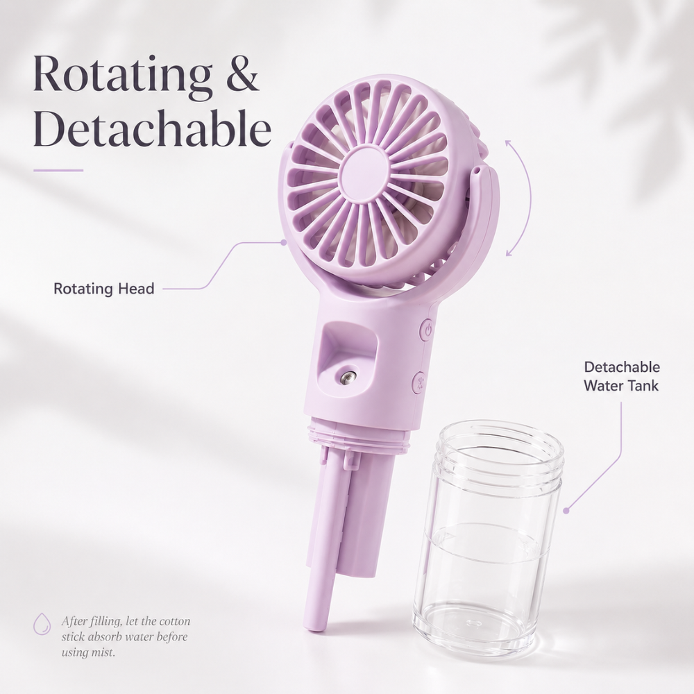 Tragbarer Handventilator mit Wasserspray und drehbarem Kopf – USB-aufladbarer Mini-Nebelventilator mit 4 Geschwindigkeitsstufen für Sommer, Reisen & Outdoor