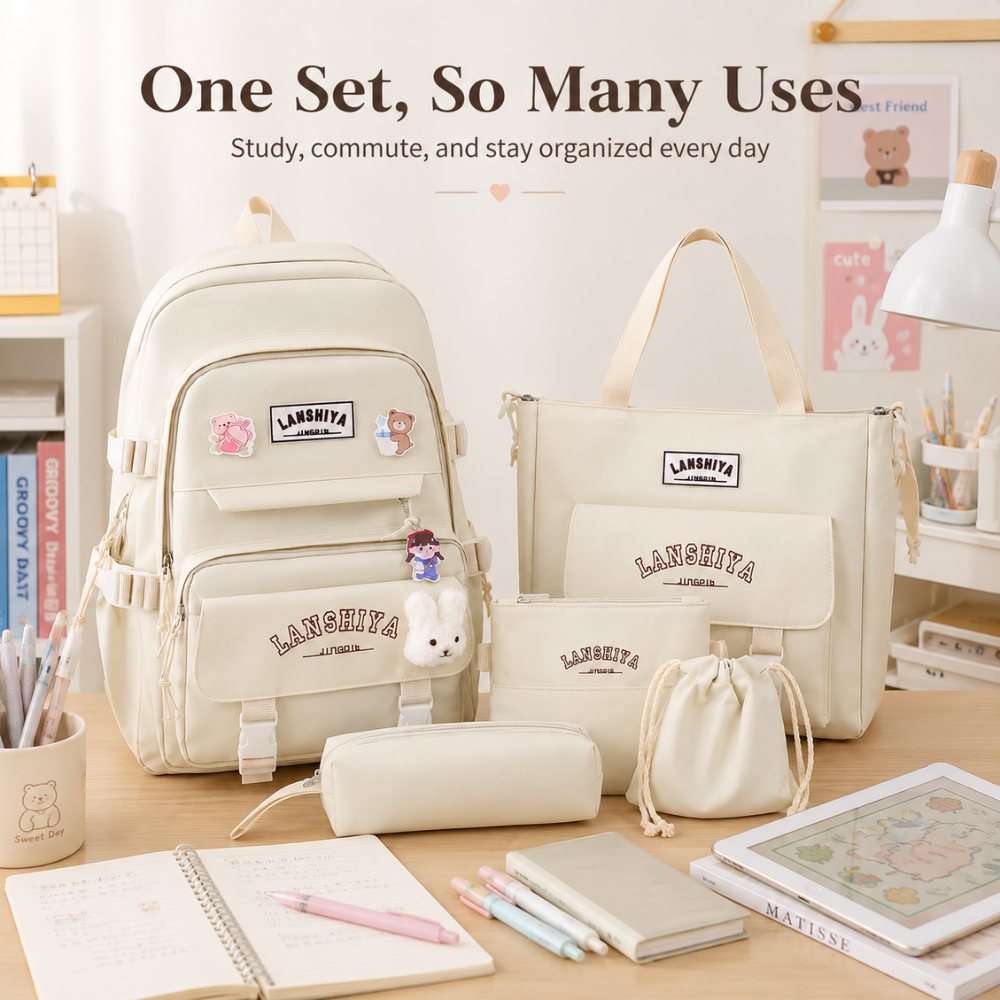 Teenager-Schulrucksack-Set 5-teilig 40 × 30 × 13 cm – Großer Studentenrucksack mit Tragetasche, Mäppchen & Beuteln für Schule, Freizeit & Alltag