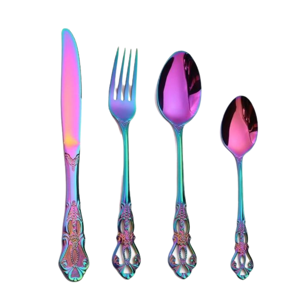 Elegantes Edelstahl Besteckset in Goldoptik - 24-teiliges Menübesteck mit prunkvollem Griff