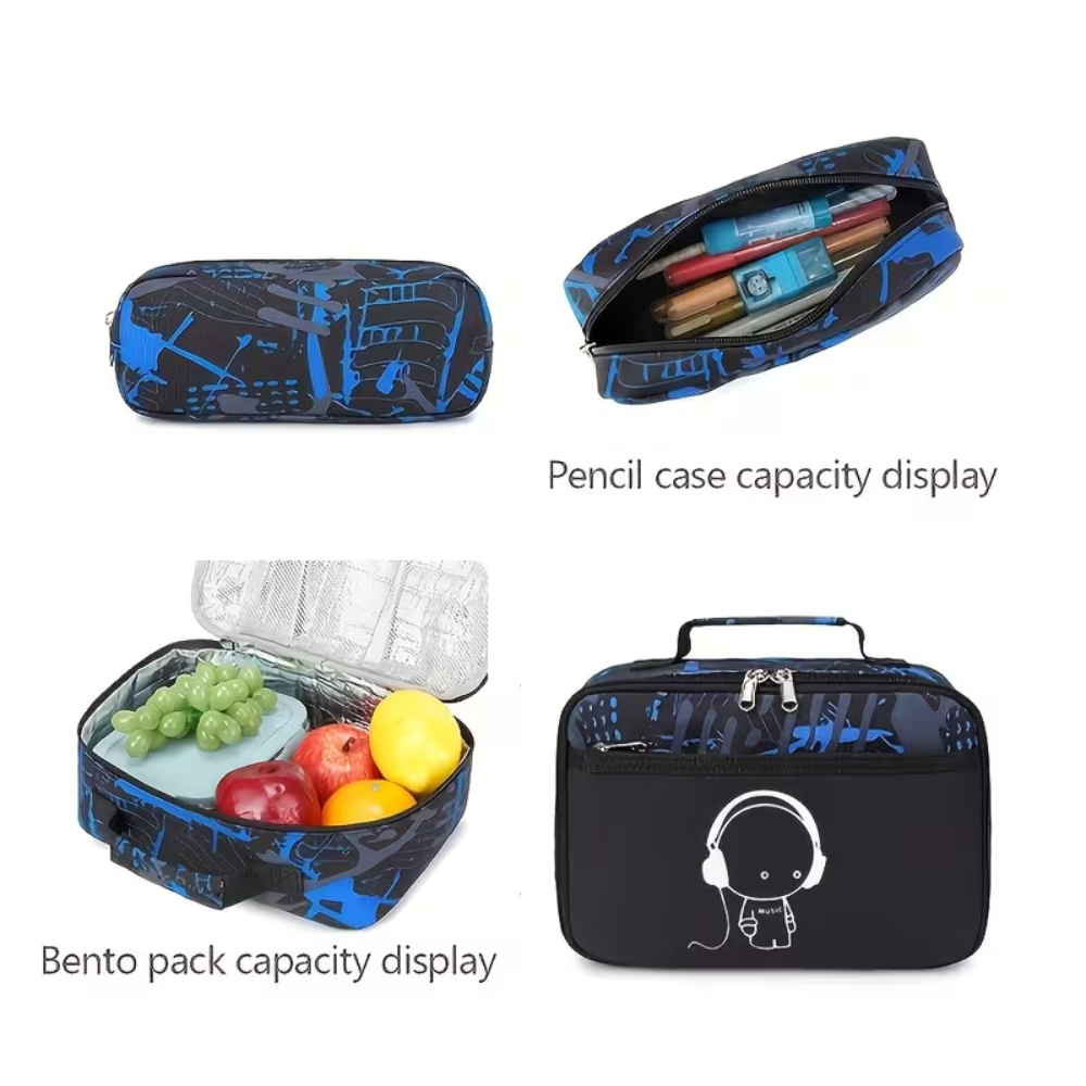 Kinder-Schulrucksack-Set mit Gamer-Motiv 32 × 21 × 45 cm – 3-teiliges Rucksack-Set aus Polyester mit Lunchbag & Federmäppchen