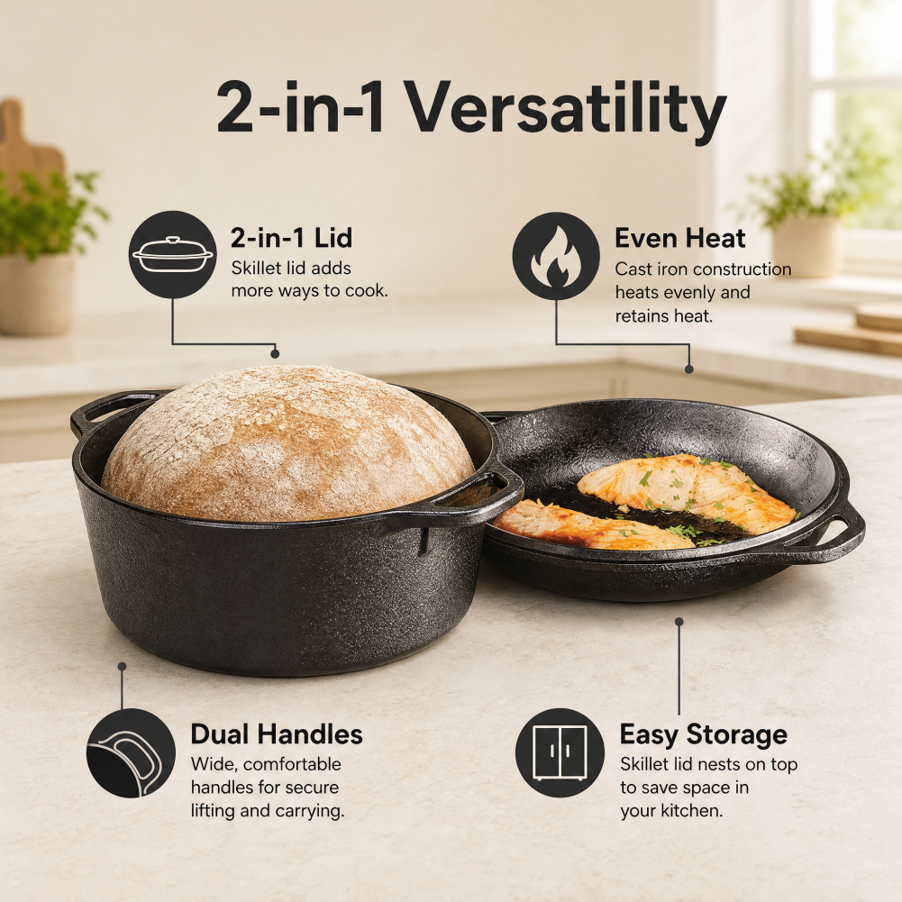 Gusseisen Dutch Oven 26/28 cm – 2-in-1 Schmortopf mit Pfannendeckel für Brot, Braten, Backen & Camping