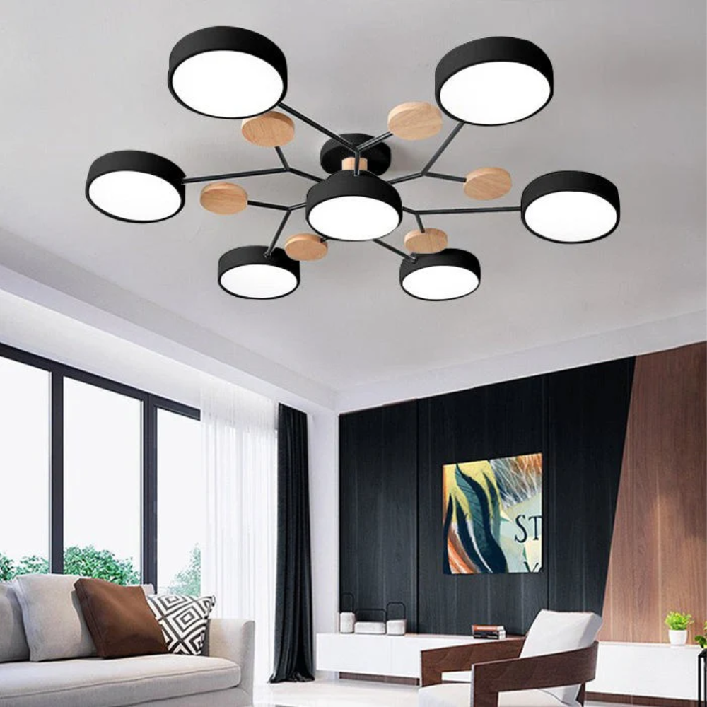 Moderne Mehrpunkt LED Deckenleuchte - Große Holz & Metall Leuchte für Esszimmer
