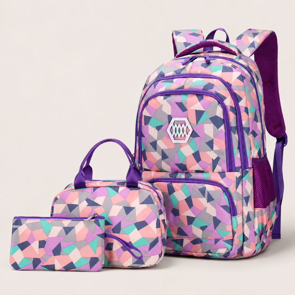 3-teiliges Schulrucksack-Set mit geometrischem Muster – Wasserabweisender Rucksack mit Laptopfach, Lunch-Tasche & Etui