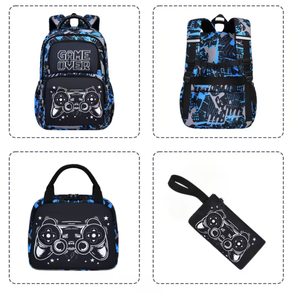 Schulrucksack-Set mit Gaming-Controller-Motiv 46 × 30 × 19 cm – 3-teiliges Polyester-Rucksackset mit Tasche & Federmäppchen