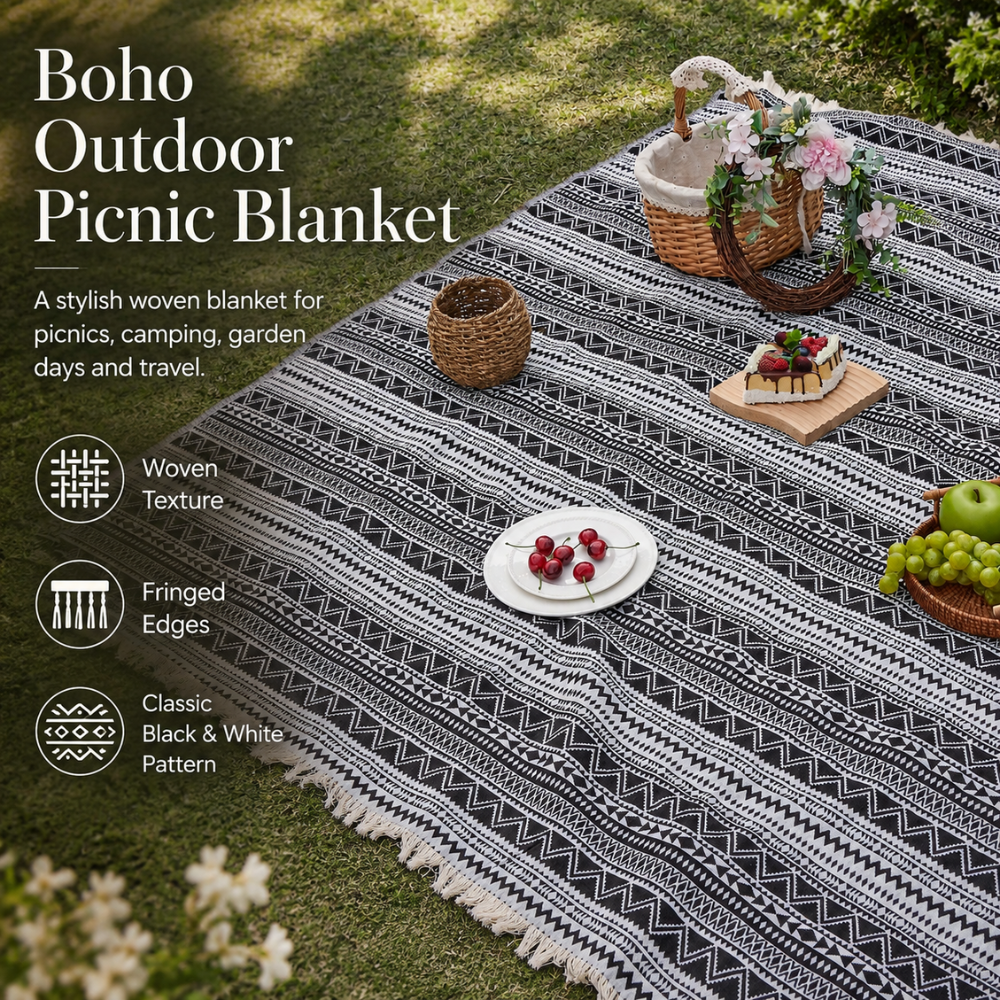 Boho Picknickdecke Outdoor Gewebte Stranddecke Schwarz Weiß mit Streifenmuster für Camping Garten Reise