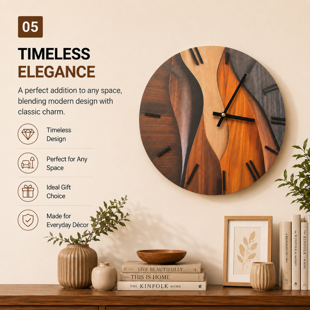 Moderne Wanduhr 30 cm in Holzoptik | Runde Designer-Uhr mit Wellenmuster und leisem Uhrwerk