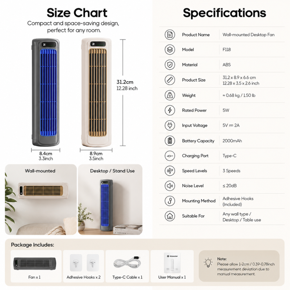 Leiser USB Tischventilator mit Akku Wandhalterung 3 Geschwindigkeiten LED Anzeige für Büro Schlafzimmer