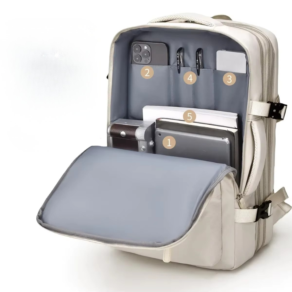 Erweiterbarer Handgepäck-Rucksack 46 × 30 × 16–26 cm – Wasserabweisender Laptop-Reiserucksack mit vielen Fächern